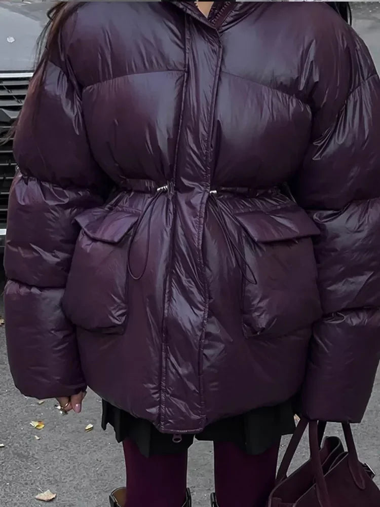 Burgundy Down Jacket with Stand Collar and Pockets Elegant and Warm