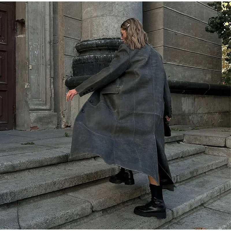 Women's Grey Leather Long Coat with Turndown Collar