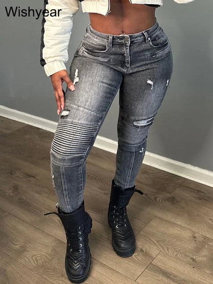 Sexy Hold Pocket Ripped Cargo Stretch Denim Pants Women Fashion Spring Moto Biker Skinny Pencil Jeans Streetwear y2k Trousers