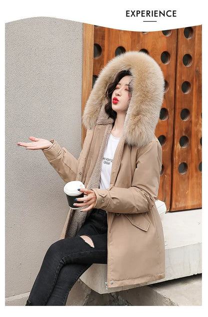 Hooded Long Parka with Wool Liner and Fur Collar Slim and Warm