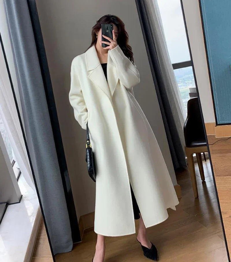 Women's White Midi Wool Blend Coat with Lace Up Design