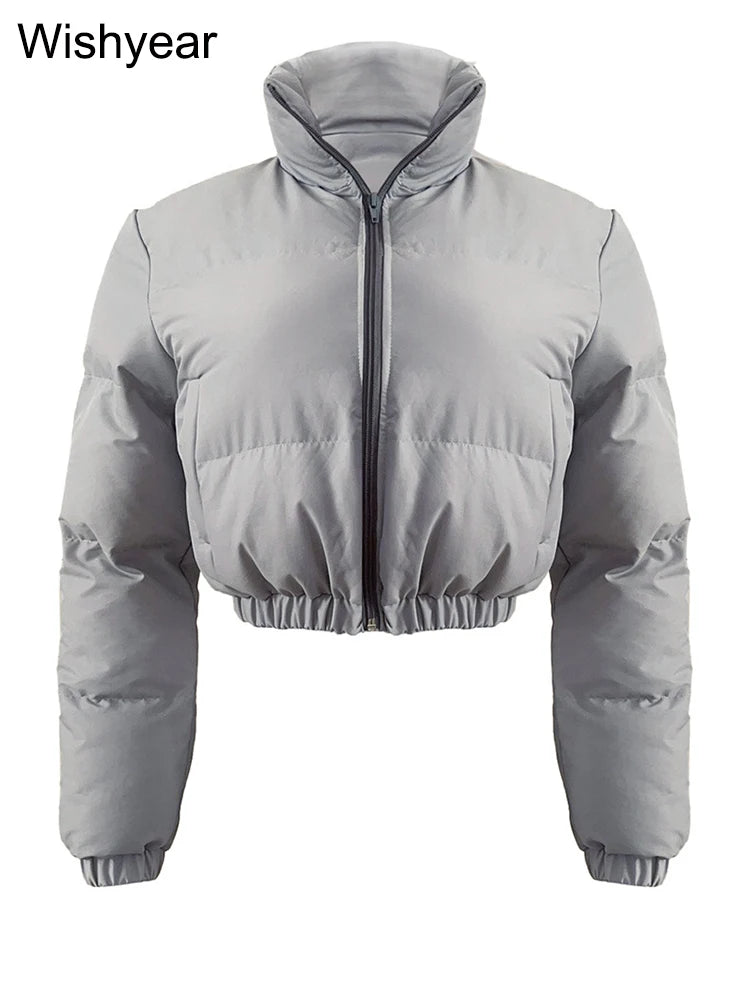 Women's Gray Short Puffer Jacket with Zipper