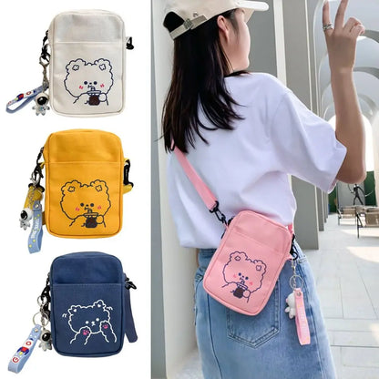 Women Canvas Small Bag – Cartoon Bear Design, Crossbody Shoulder Bags, Ladies Purse, Phone Bag, Handbags.