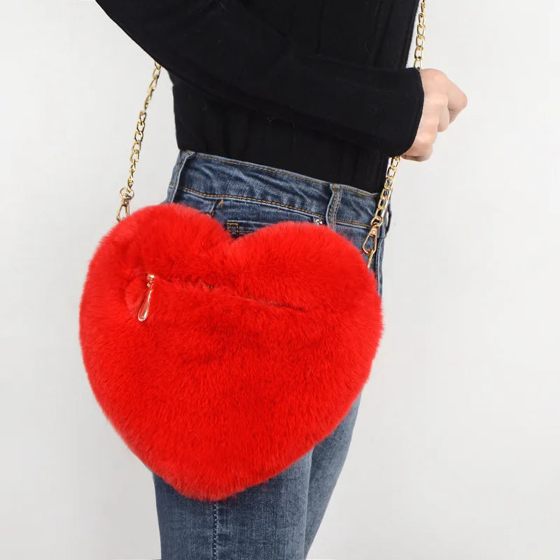 Heart Shaped Handbag: Cute Faux Fur Crossbody, Soft Plush Chain Shoulder Shopper