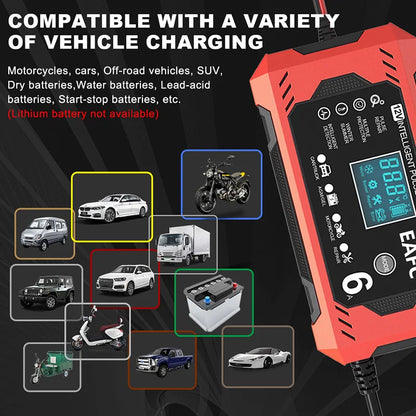 Bilbatteriladdare 6A 12V Bil- och motorcykelbatteriladdare Blybatteri Smart Repair LCD-skärm