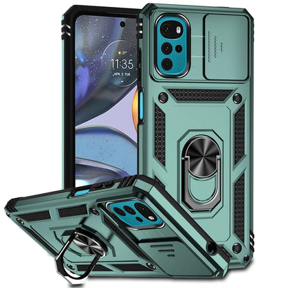 Armor Shockproof Case för Motorola: Ringhållare, Skjutfönster, Linsskydd Telefonskydd