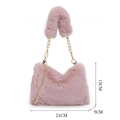 Fashion Women Fluffy Shoulder Bag – Winter Chain Underarm Bag med mjukt plyschhandtag