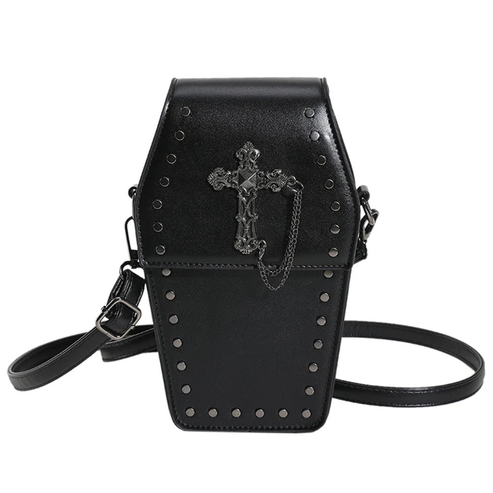 Women Coffin Satchel Purse Zipper Gothic Crossbody Bag Strap Adjustable Y2K Cellphone Bag PU Leather Novelty Halloween Phone Bag