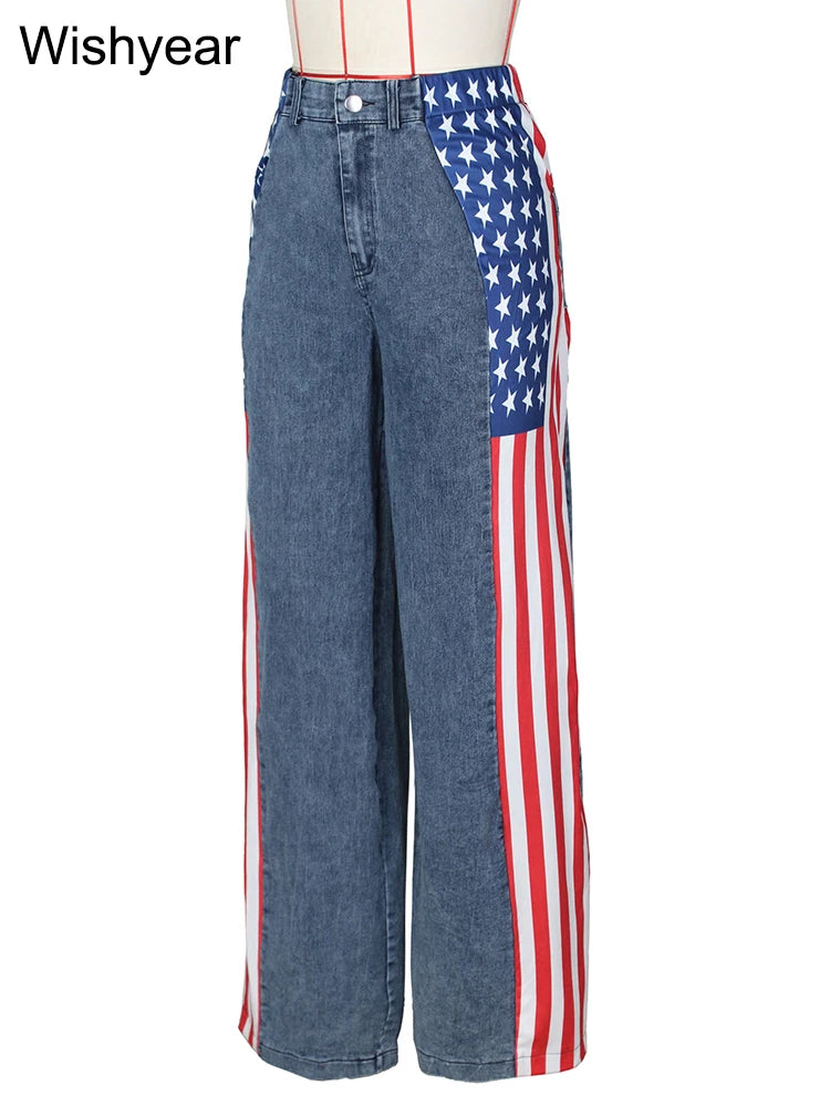 Wide Leg Baggy Jeans with High Waist and Stripe Patchwork Design