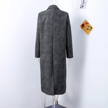 Women's Grey Leather Long Coat with Turndown Collar