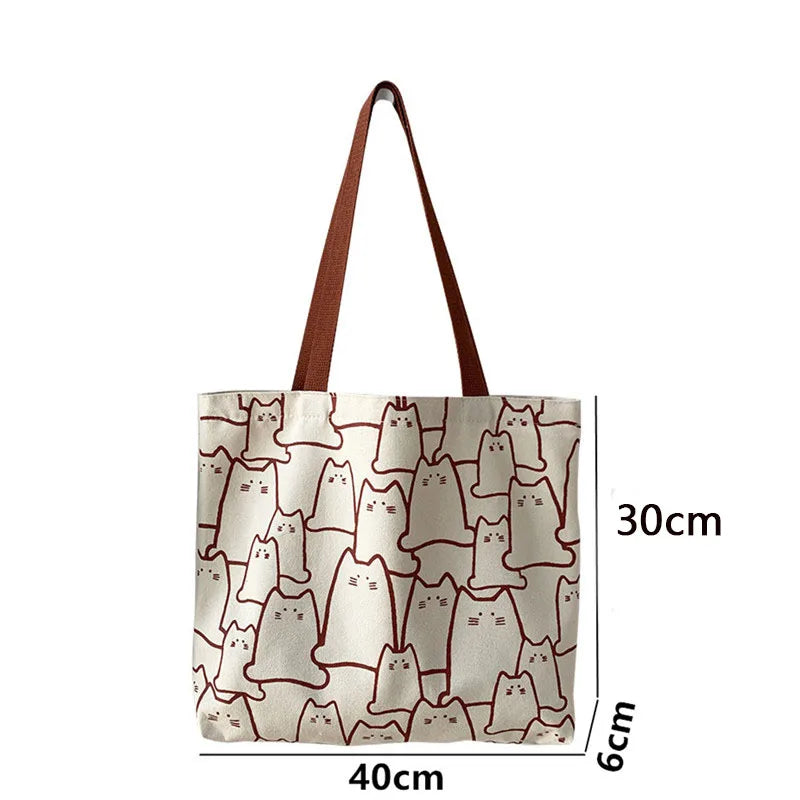 Canvas Handbag for Women – Fashion Cute Cat Tote Messenger Bags with Zipper, Designer Bag, Ladies Cartoon Shoulder Shopper Bags.