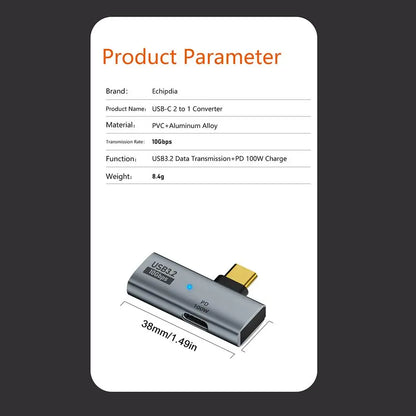 USB Type-C OTG 2-i-1-adapter med 100W PD-laddnings- eller ångdäcksbrytare USB C till USB 3.2-konverteradapter