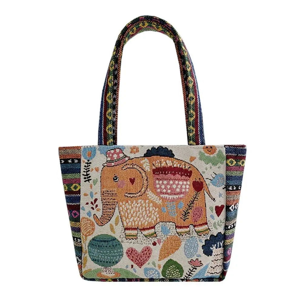 Fashion Women's Canvas Handbag - Animal Ethnic Style Embroidered Tote Bag with Elephant, Peacock, and Rabbit Designs