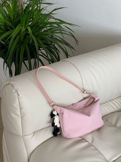 Baby Pink Nylon Underarm Bag – Lightweight Korean-Style Shoulder Handbag with Soft Texture