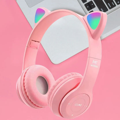 Cute Cat Ear Headphones with RGB LED Light Wireless Headset Kids Girls Stereo Phone Music Bluetooth Headset PC Gamer Gift