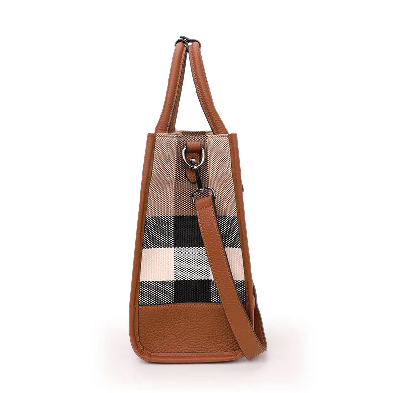 Aidrani Fashion Plaid Canvas Women's Handbag Classic Versatile Large Capacity Cowhide Single Shoulder Crossbody Bag