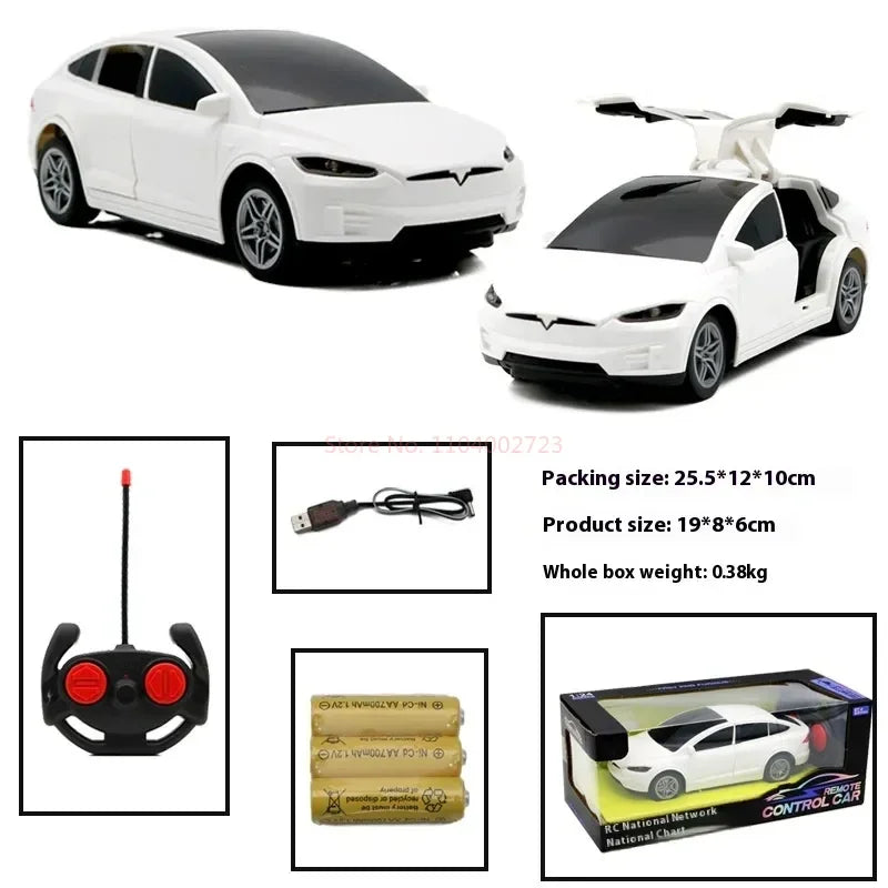 Tesla RC Car – 4-Channel Drift Remote Control Car with Lights and Simulation Double Doors, Plastic Model, Kids' Toy Gift