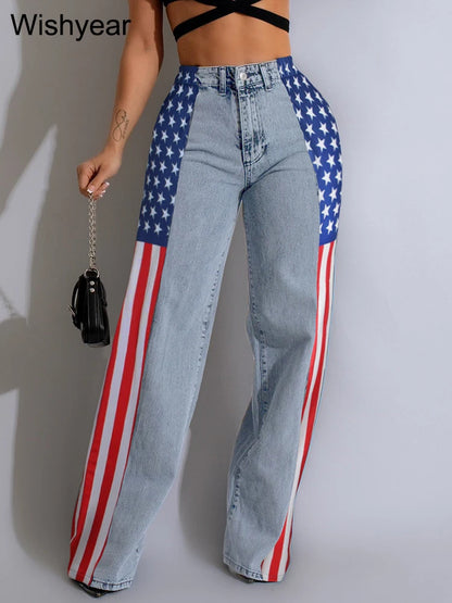 Wide Leg Baggy Jeans with High Waist and Stripe Patchwork Design