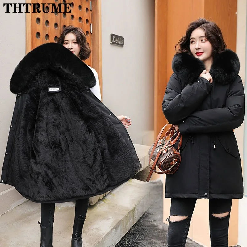 Hooded Parka with Fur Collar and Thick Liner Casual and Fashionable