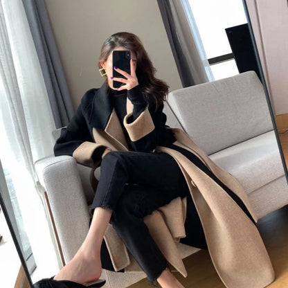 Elegant Long Cashmere Blend Overcoat with Slim Sashes