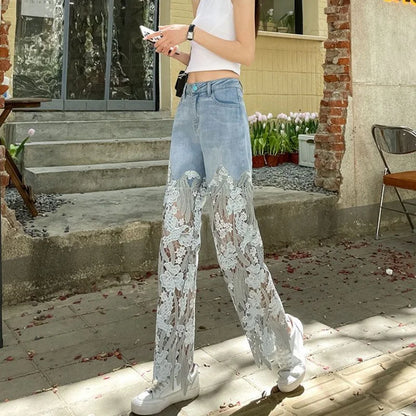 Pants for Woman and Capris Straight Leg with Rhinestones Transparent Women's Jeans Lace Grunge Y2k Spring Pant Vintage Trousers