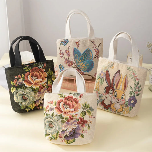 Embroidered Canvas Tote Bag – Cute Cat & Flowers Design, Fashionable Small Shoulder Bag, Traveling Pouch Handbag