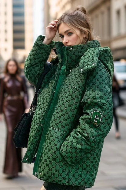 Hooded Green Printed Jacket with Zippers Chic Casual