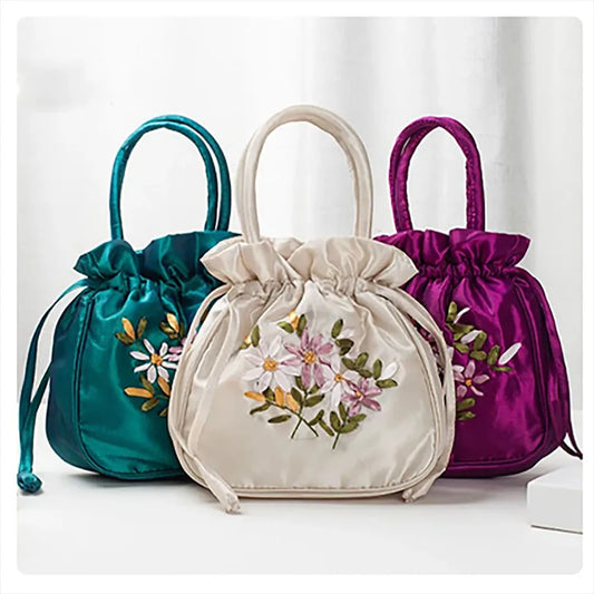 Small Women's Bucket Bag – Top Handle Ladies Handbag, Summer Purse with National Style Embroidered Flower Pattern and Drawstring Closure