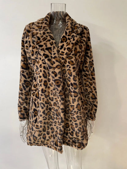 Leopard Print Faux Fur Coat with Pockets Loose and Stylish