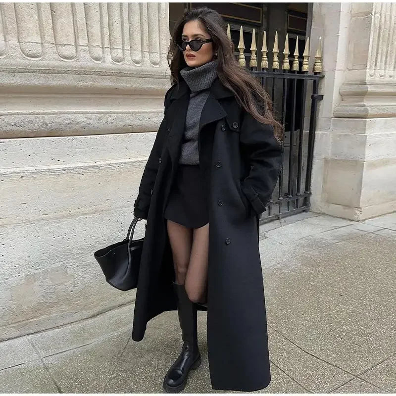 Women's Black Long Wool Coat with Belt and Lapel