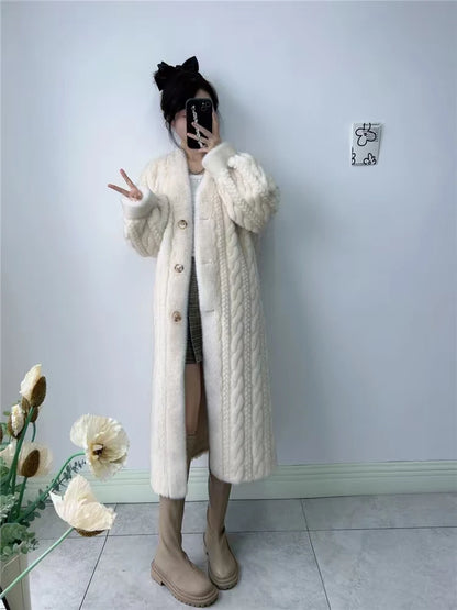 Thickened Faux Fur Mink Cardigan with V-Neck and Buttons Loose and Simple