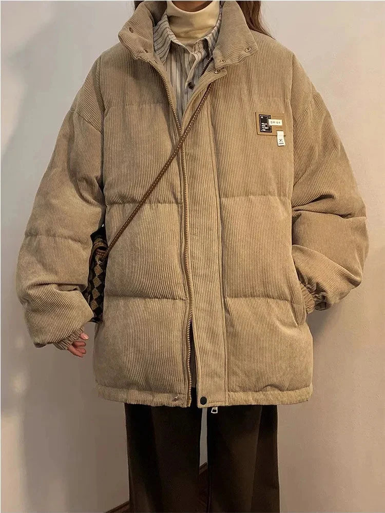 Överdimensionerad Corduroy Puffer Coat med fickor Varm och Retro Y2K Style