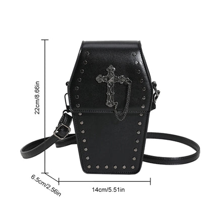 Women Coffin Satchel Purse Zipper Gothic Crossbody Bag Strap Adjustable Y2K Cellphone Bag PU Leather Novelty Halloween Phone Bag