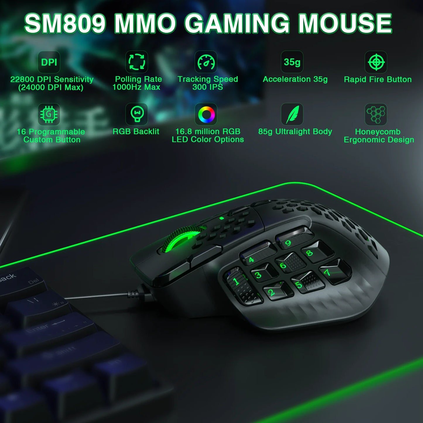 SOLA SM809 Wired Gaming Mouse Side Buttons 22800 DPI 16 Programmable