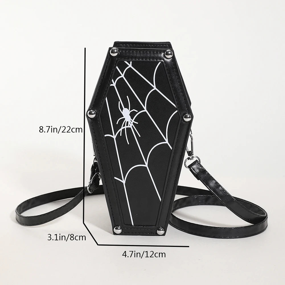 Women Coffin Satchel Purse Zipper Gothic Crossbody Bag Strap Adjustable Y2K Cellphone Bag PU Leather Novelty Halloween Phone Bag