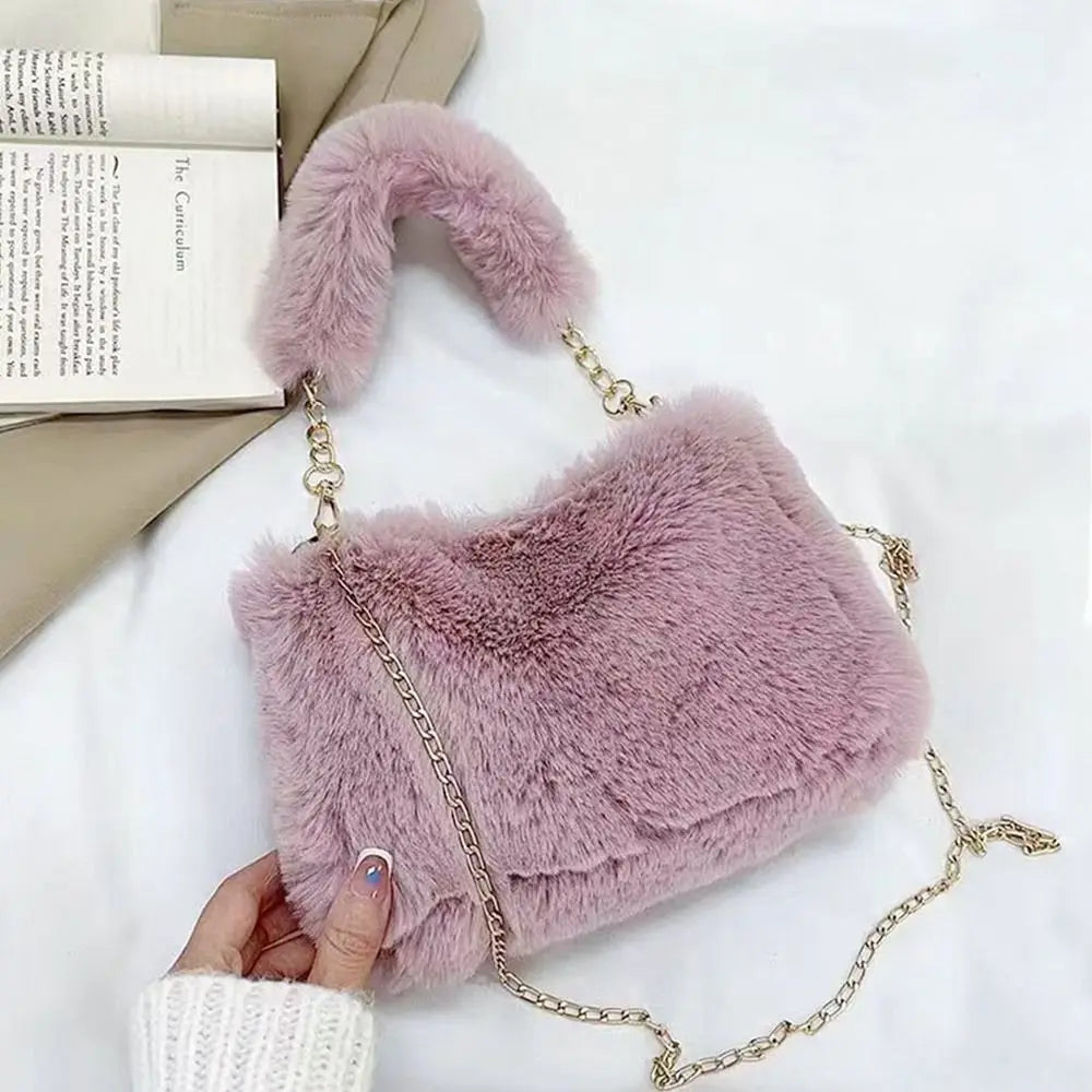 Fashion Women Fluffy Shoulder Bag – Winter Chain Underarm Bag med mjukt plyschhandtag