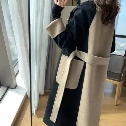 Elegant Long Cashmere Blend Overcoat with Slim Sashes