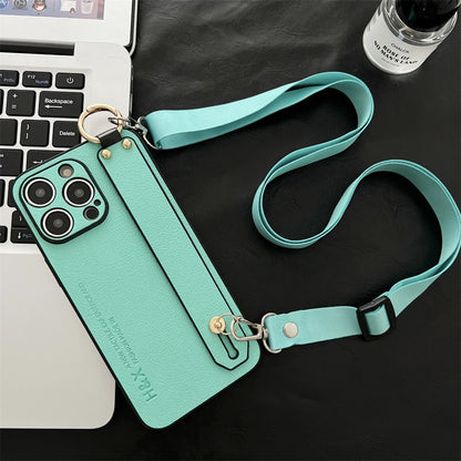 Luxury Litchi Leather Phone Case with Wrist Strap, Stand, and Crossbody Cord for iPhone