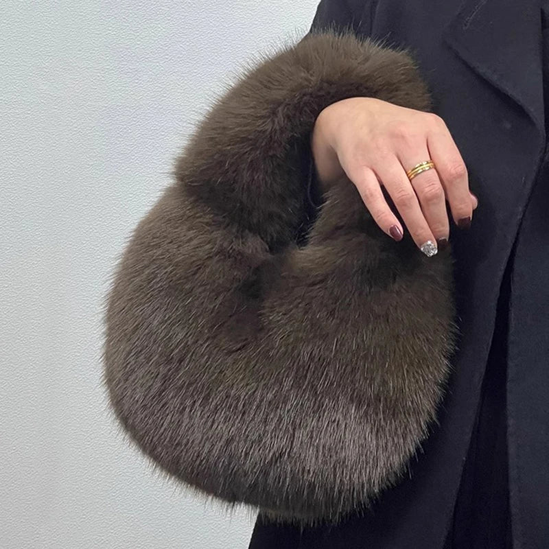 Lyxig fuskpäls axelväska för damer – mjuk plysch handväska för kvällsväska, fluffig crossbody-väska för kvinnor