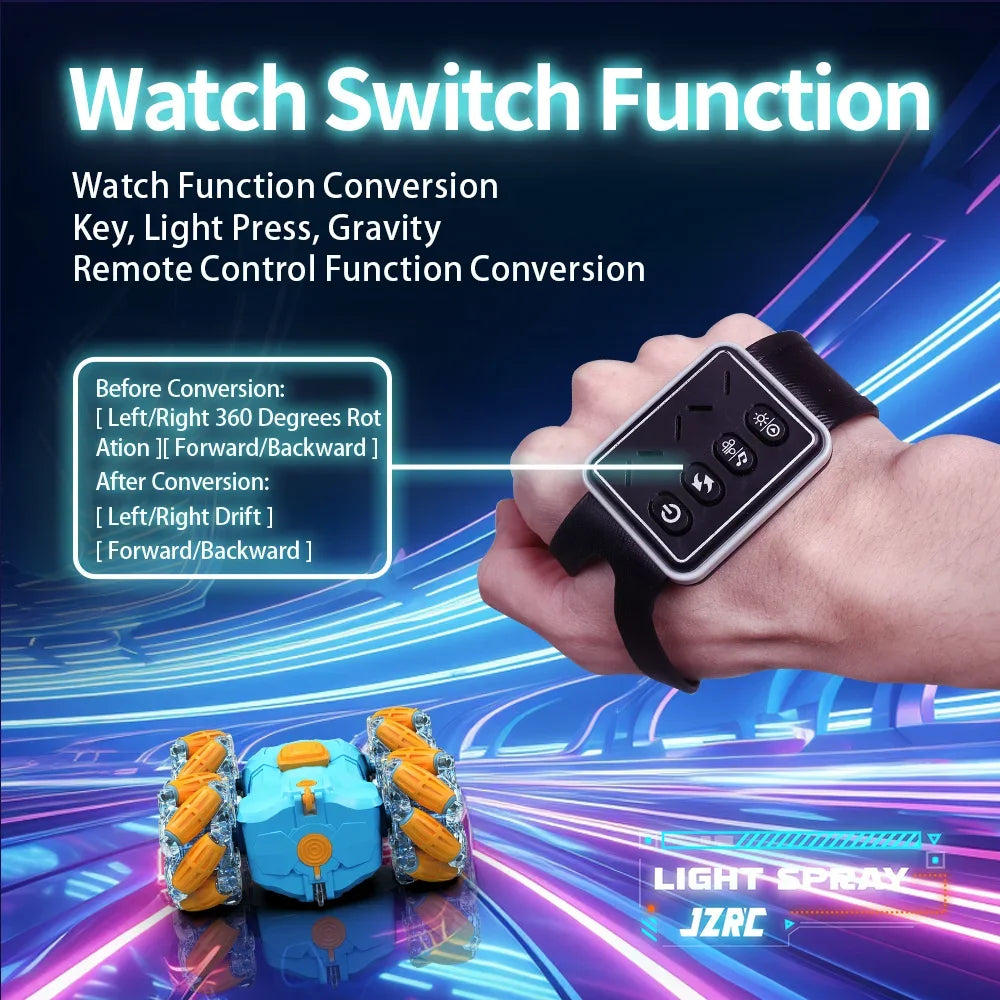 Top JZ06 RC Stunt Car 2.4G Double-Sided Drift RC Watch Gesture Sensor LED Rotation Gift Electronic Toy for Kids Boys