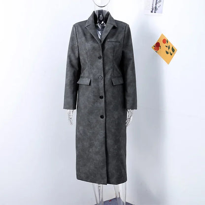 Women's Grey Leather Long Coat with Turndown Collar