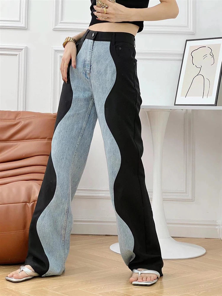 High Waist Black and Blue Wave Spliced Wide Leg Jeans Trendy Style