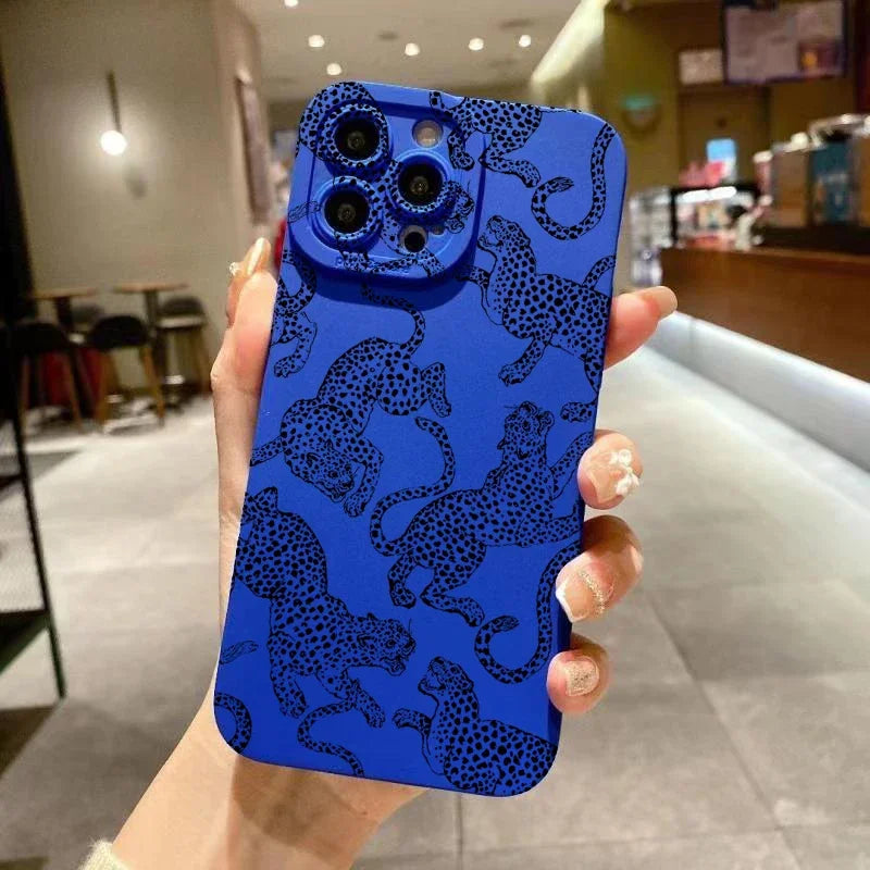 Blue Case For iPhone 15 14 13 12 11 Pro Max XS X XR Pink Leopard Print Pattern Phone Cover For iPhone 7 8 Plus 15 14 SE 2022 SE3 Case