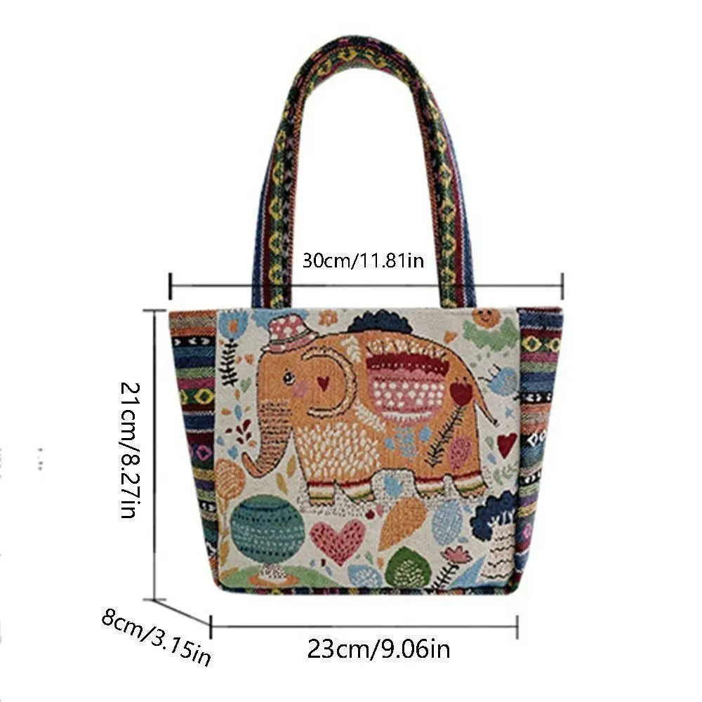 Fashion Women's Canvas Handbag - Animal Ethnic Style Embroidered Tote Bag with Elephant, Peacock, and Rabbit Designs