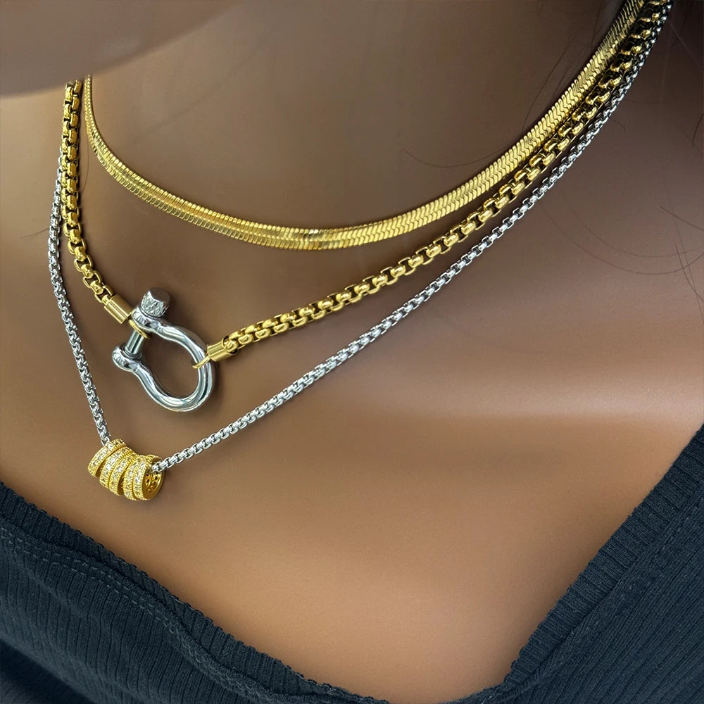 Waterproof Jewelry 18K Gold Plated Stainless Steel Box Chain Choker Necklace  Double Color Chunky Horseshoe Necklace for women