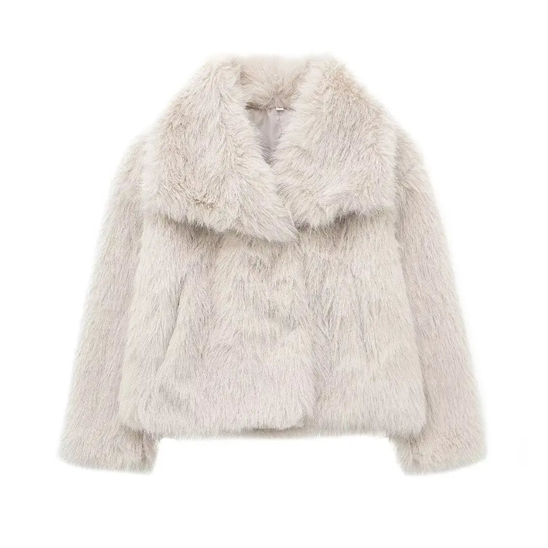 Cropped Faux Fur Jacket with Lapel Collar and Snap Buttons Chic and Warm