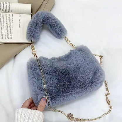 Fashion Women Fluffy Shoulder Bag – Winter Chain Underarm Bag with Soft Plush Handle