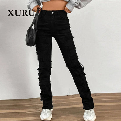 XURU-Elastic Patch Jeans for Women, Tear Layered, Straight Leg, European and American Wear, K16-CK3018, New