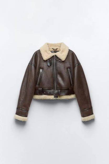 Faux Lamb Leather Moto Jacket with Belt Warm and Stylish