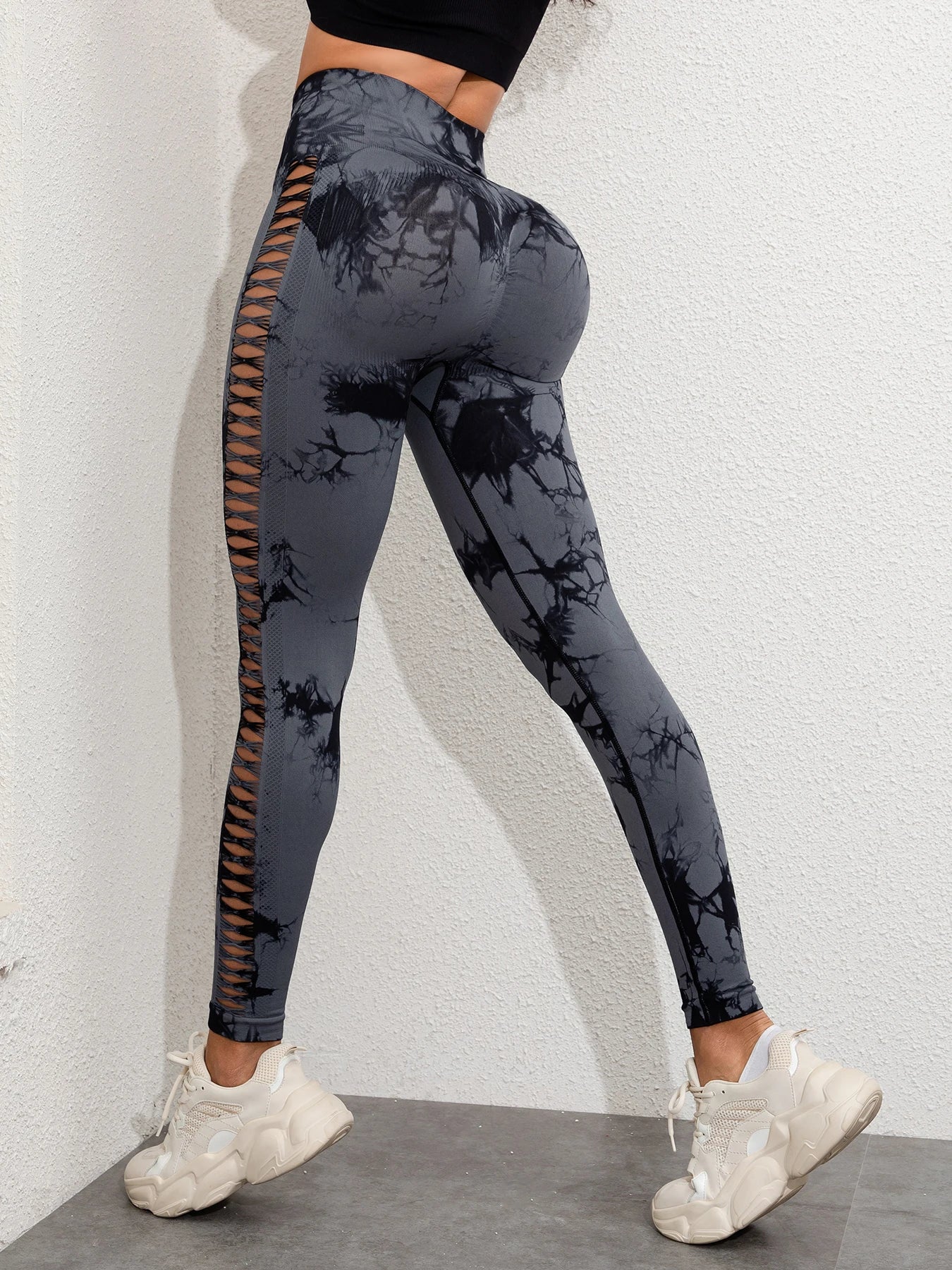 Sömlösa gymleggings för kvinnor med hög midja Tie Dye med Hollow Out-design